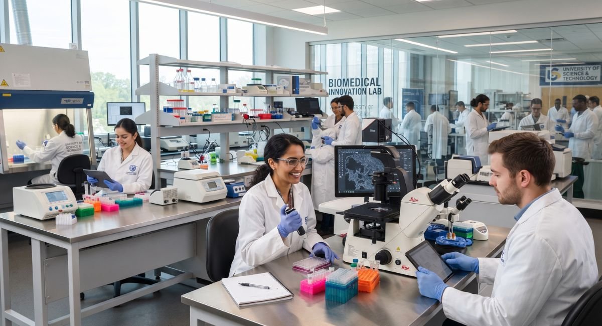University researchers working in a modern science laboratory.
