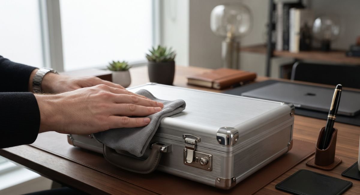 Cleaning a premium aluminum business case with a microfiber cloth