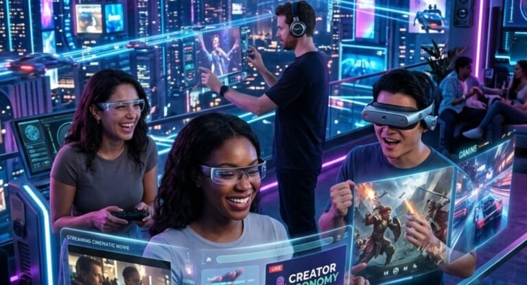 Futuristic digital entertainment ecosystem showing AI, virtual reality, streaming platforms, gaming, and interactive storytelling representing Lumolog.