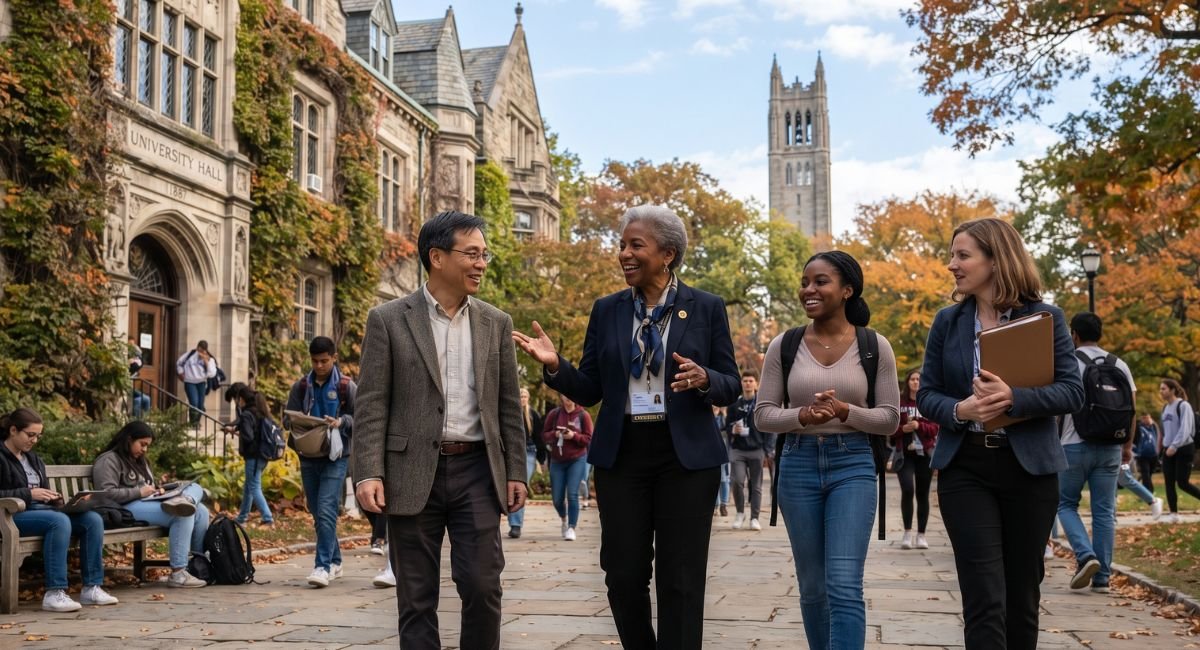 University president speaking with faculty and students on campus.