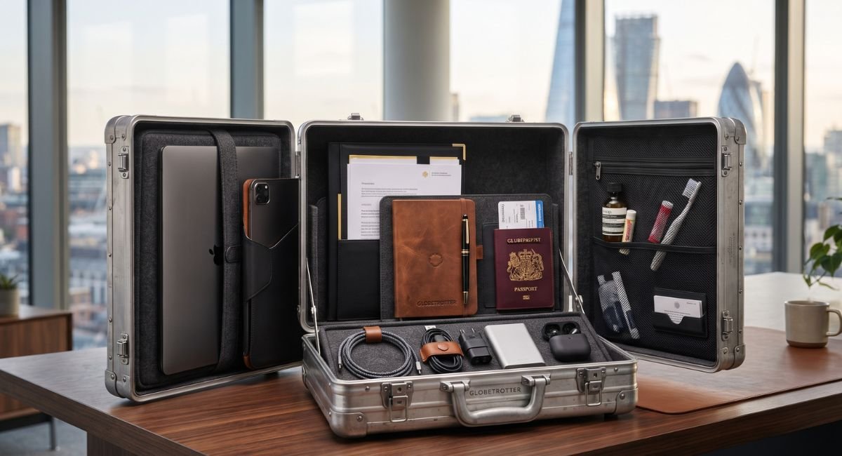 Interior of the Zero Halliburton Business Case with laptop, documents, and accessories