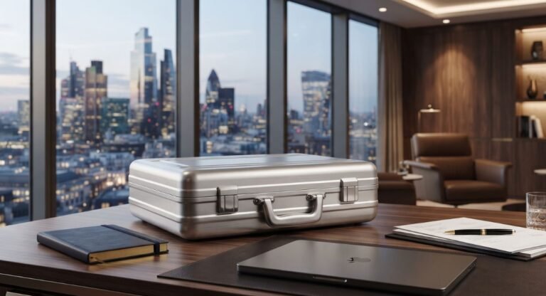 Zero Halliburton Classic Aluminum Business Case Review (2026) Zero Halliburton Classic Aluminum Business Case on a luxury executive office desk