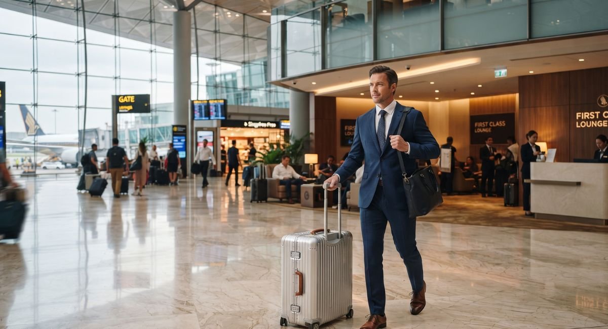 Zero Halliburton aluminum business case rolling smoothly through a modern airport